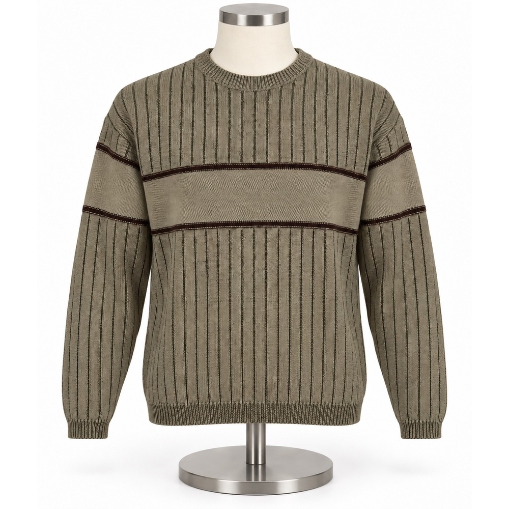 JG Hook Mens Large Sage Green Ribbed Knit Crewneck Sweater Striped 58403